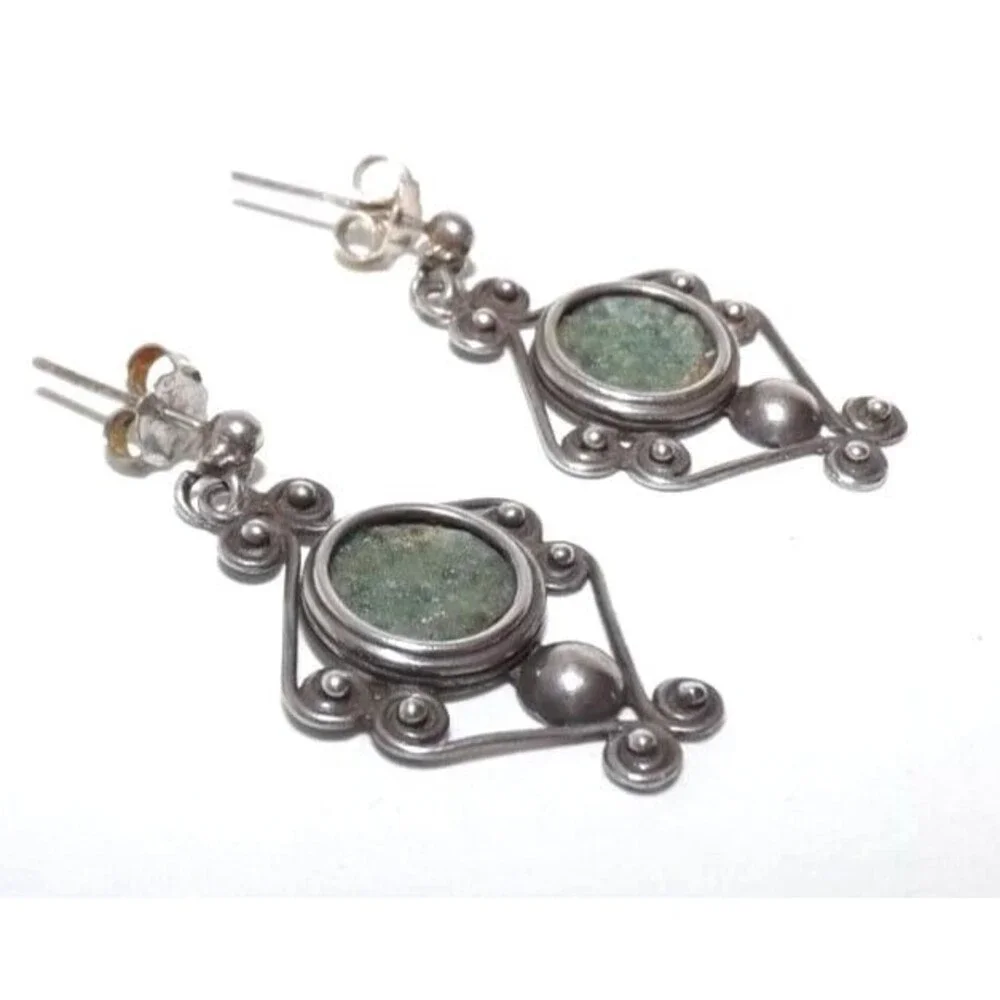 Ancient Roman Glass Vintage Sterling Silver Scroll Dangle Earrings